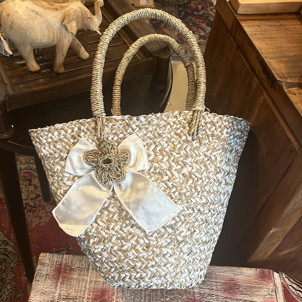 Woven Straw Tote with Cream Accents